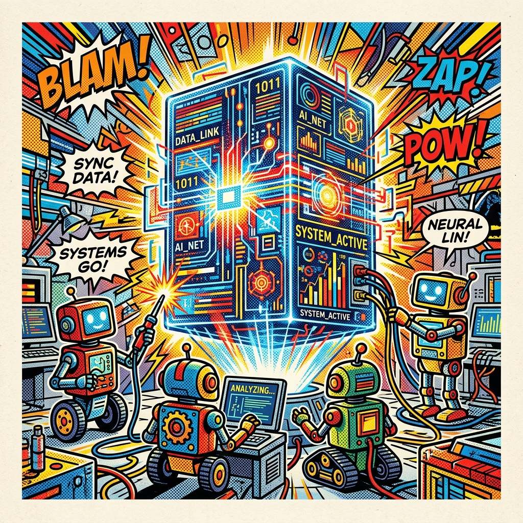 A team of AI agents collaborating efficiently around a digital core