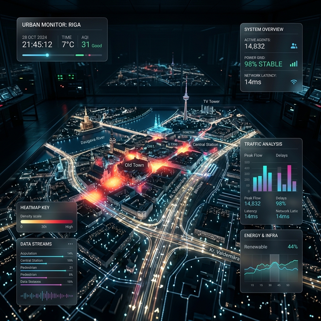A futuristic urban dashboard overlaying a 3D model of central Riga