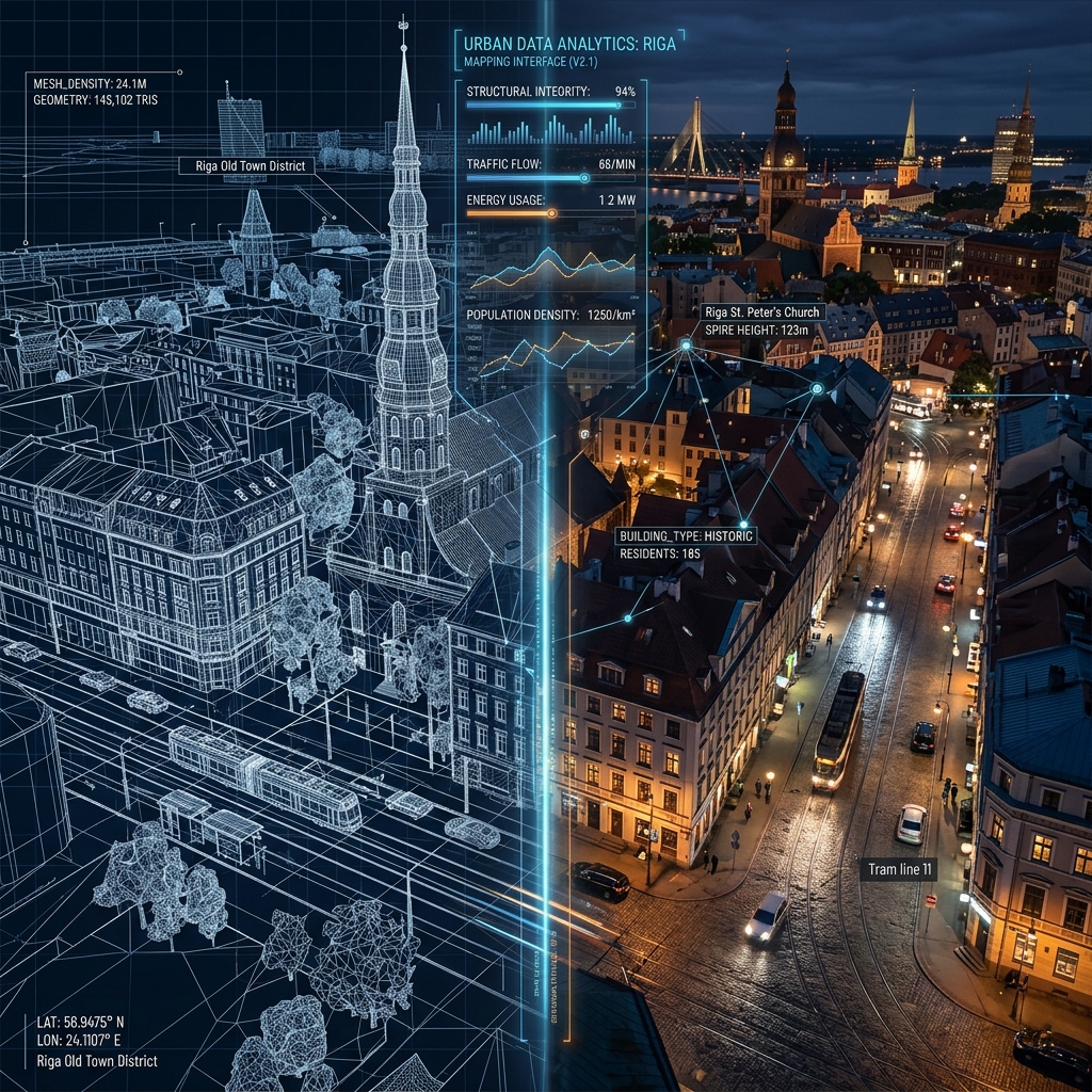 A technical comparison showing the wireframe and the final render of a Riga neighborhood